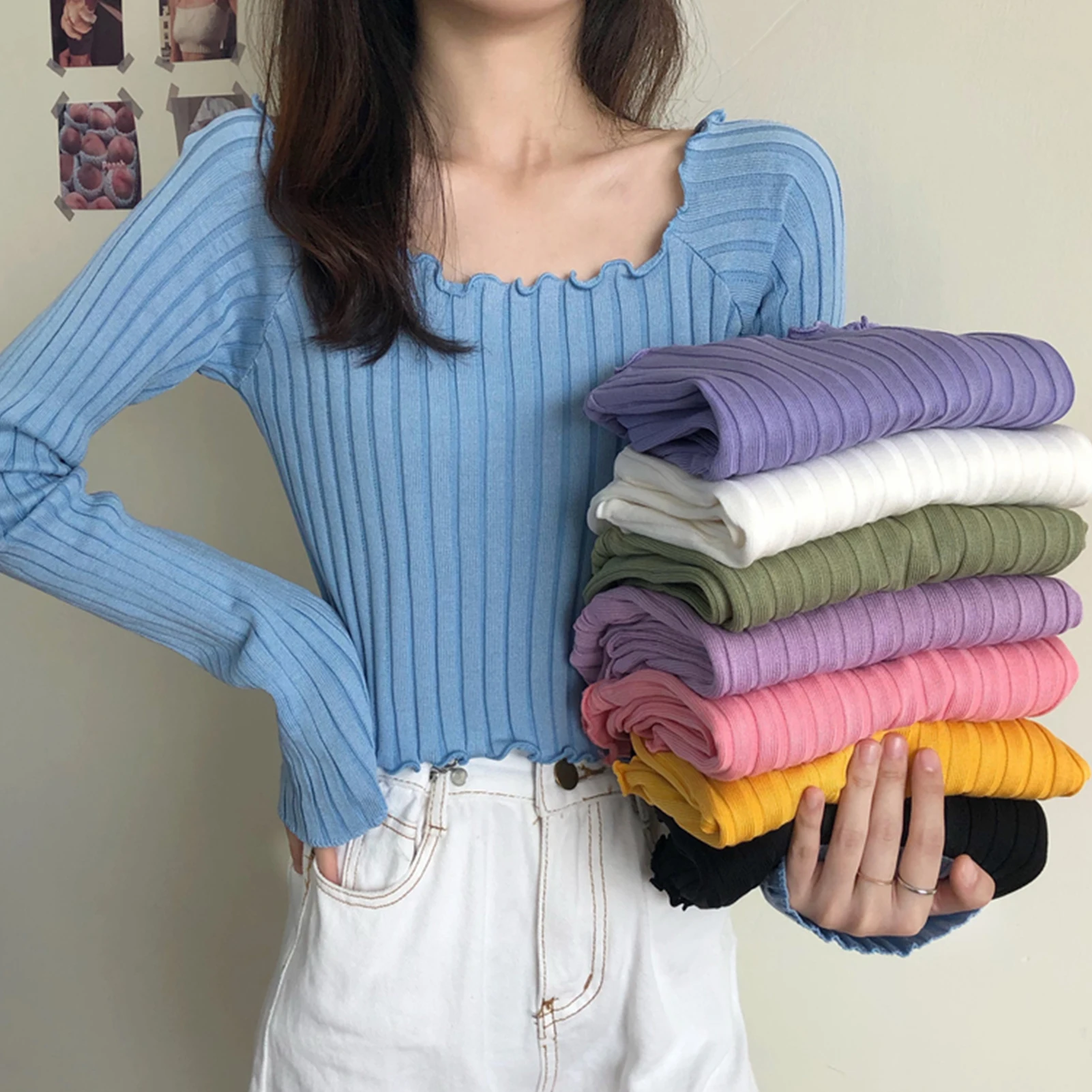 

Autumn Women Solid Color Long Sleeve Ribbed Slim Short Blouse Wavy Hem Knitwear