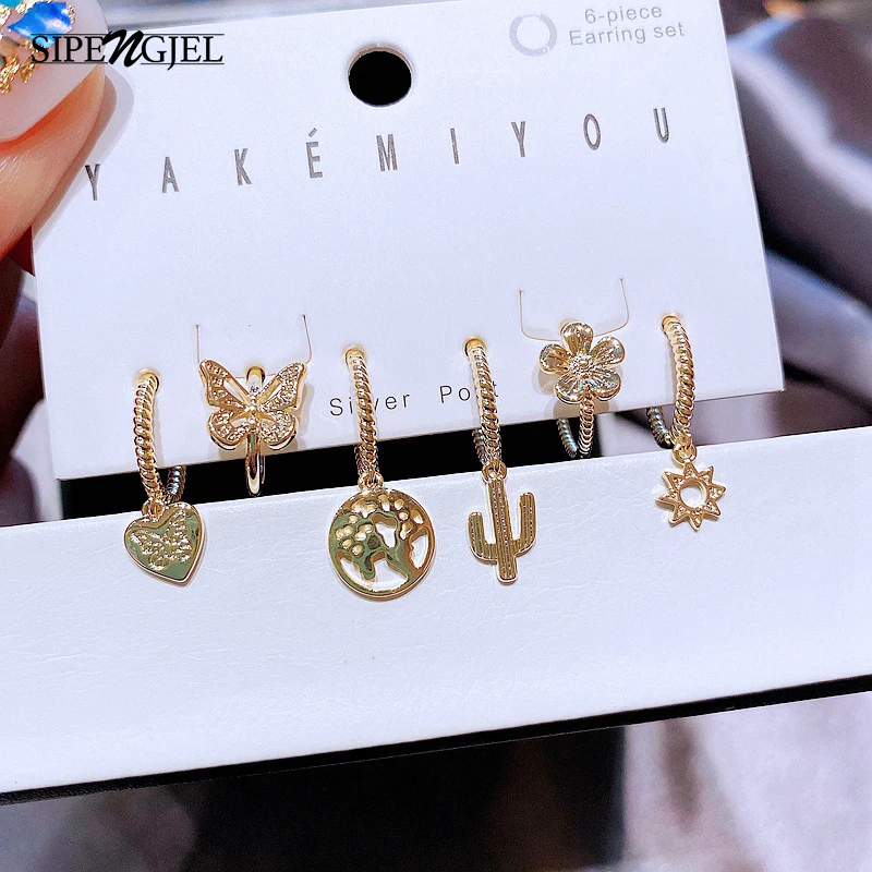 

Женские серьги-кольца SIPENGJEL, геометрические серьги-подвески с бабочками для свадебной вечеринки, 6 шт.