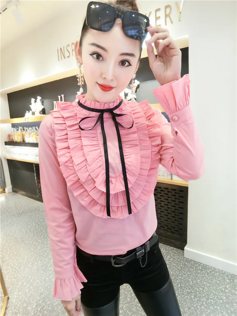 2021 Spring Long Seeve Ruffles Cotton Shirts Women Office Work Layers red Sweet Blouse Tops | Женская одежда
