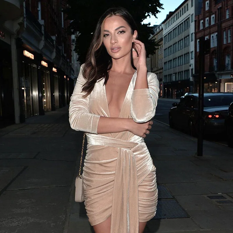 

Женское соблазнительное платье абрикосового цвета с глубоким вырезом, однотонная короткая юбка с длинным рукавом, S/ M/ L