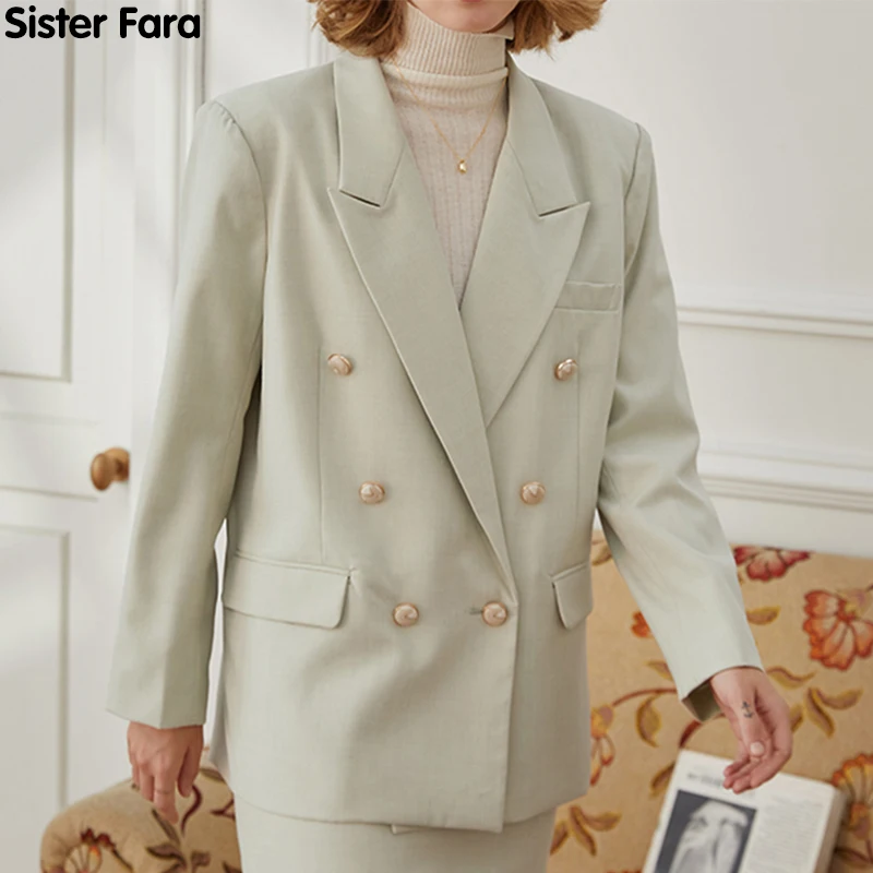 

Sister Fara Chic Office Lady Spring Blazer Women's Jacket Coat Notched Double Breasted Blazers Autumn Loose Casual Women's Suit