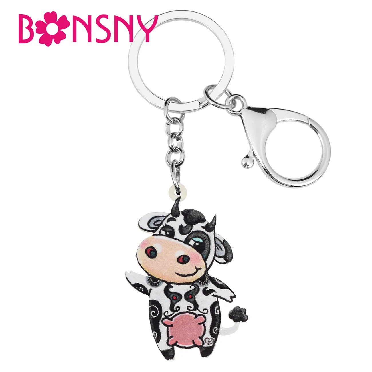

BONSNY Acrylic Sweet Cartoon Farm Cow Cattle Keychains Ring Fashion Key Chain Novelty Jewelry For Women Girls Party Charm Gift