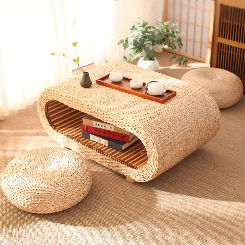 

Rattan Makes Tatami Rice Tea Table Japanese Elliptical Solid Wood Floor Kang Table Grass Makes Floating Window Small Tea Table