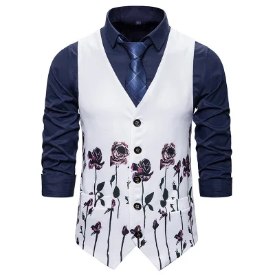 

Men's suit vest autumn and winter new foreign trade casual fashion men's vest European size rose print vest 047
