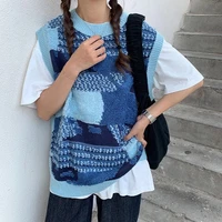 patchwork knit sweater vest sleeveless jumper for women pullover wholesale original designed chic femme winter clothing p30