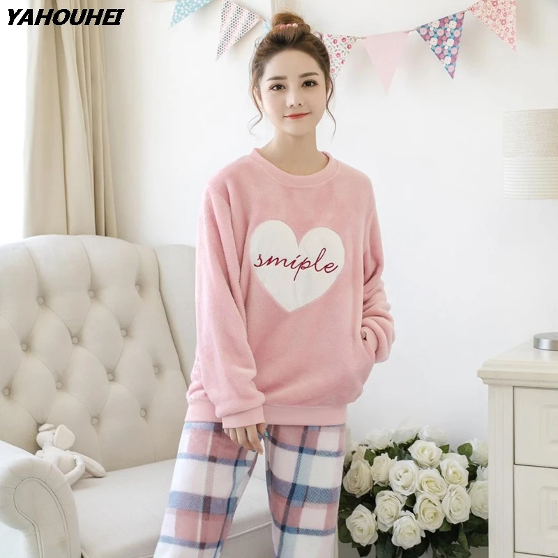 Толстый теплый милый розовый фланелевый пижамный комплект для женщин 2019 зимняя