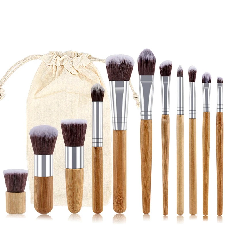 

11PCS/Set Fashion Cosmetics Bamboo Makeup Brushes Kit with Travel Bag for Powder Blusher Eye Shadow Eyeliner Foundation Blend