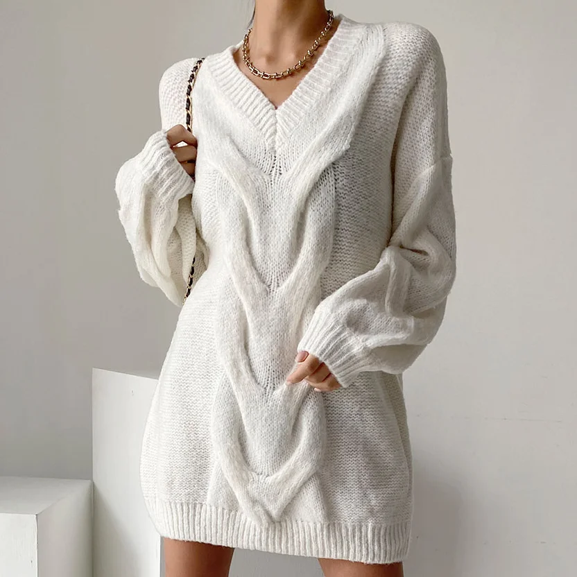 

Женское вязаное платье, Повседневный пуловер, Длинное свободное мини-платье, женское однотонное платье-свитер с рукавами-фонариками и V-образным вырезом, Vestidos Mujer 2021