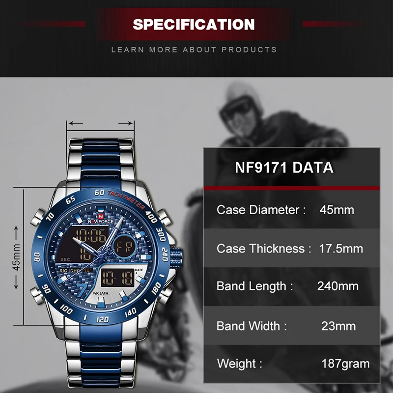 Фото Часы наручные NAVIFORCE Мужские Цифровые, роскошные Брендовые спортивные кварцевые в стиле милитари, со стальным ремешком №2