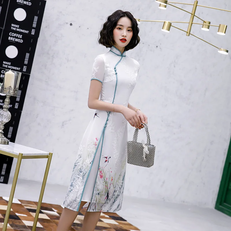 

Элегантные белые Cheongsam Qipao китайское платье-Ципао в винтажном стиле ручной работы на пуговицах с воротником «Мандарин», платье для женщин ве...