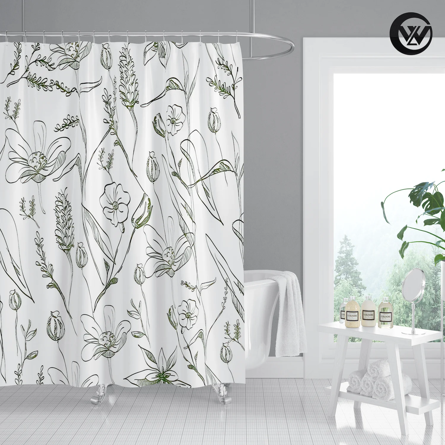 Washable Printing Line Flowers Polyester Shower Curtain With Hook, Eco Friendly Funny Bath Bathroom Bathtub Curtains Liner
