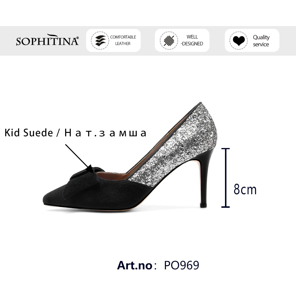 

SOPHITINA Woman Sheep Suede Mature Style Pointed Toe Shallow Butterfly-knot Blingbling High Thin Heel Dress Shoes PO969