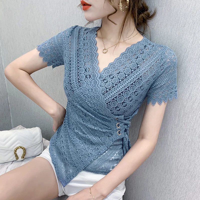

2021 Summer New Short Sleeve Lace Tops Sexy Hollow Out V-neck Lace Shirt for Women Tops Elegant Slim Plus Size Blouse Shirt