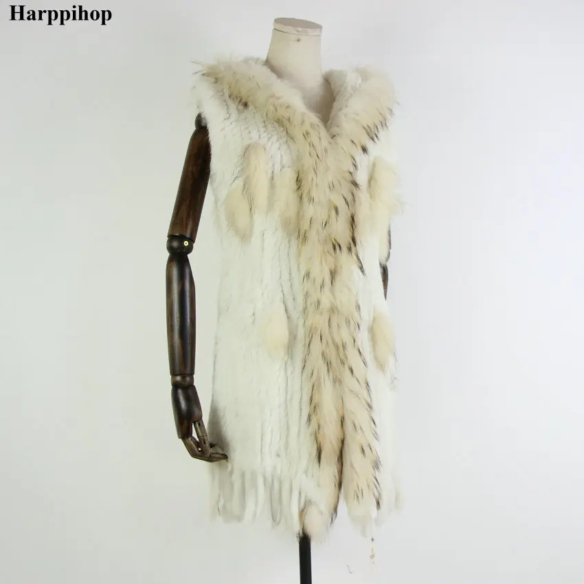 Harppihop меховой натуральный меховой жилет из натурального кроличьего меха вязаный жилет с капюшоном длинное пальто куртки для женщин зимние V-211-05