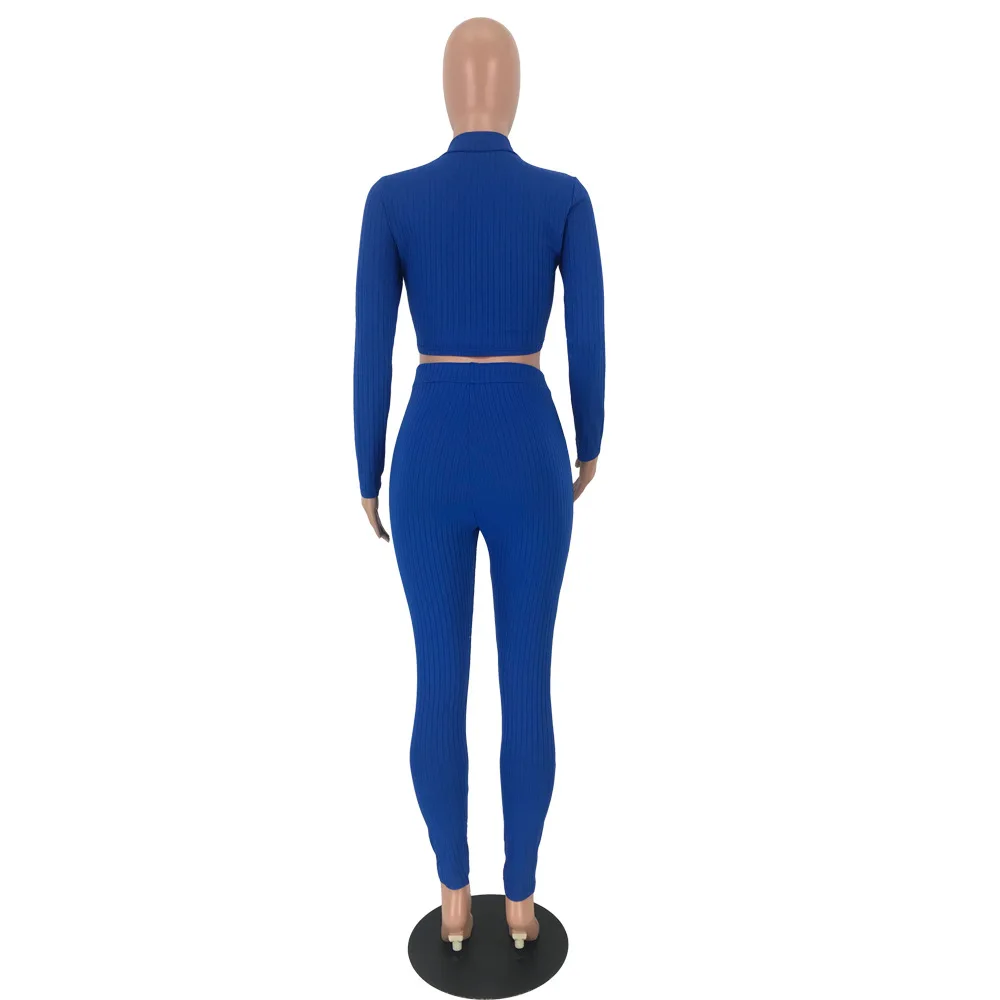 

Autumn Knit Ribbed Women's Tracksuit Casual Turtleneck Crop Top With Pencil Pants Two Piece Set Sexy Lace Up Bodycon Women Sets