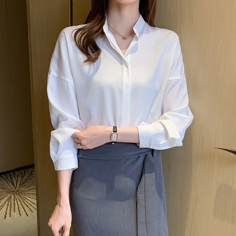 

#4942 демисезонная шифоновая блузка, рубашка, Женская белая офисная блузка с воротником-стойкой, Женские Элегантные повседневные женские руб...