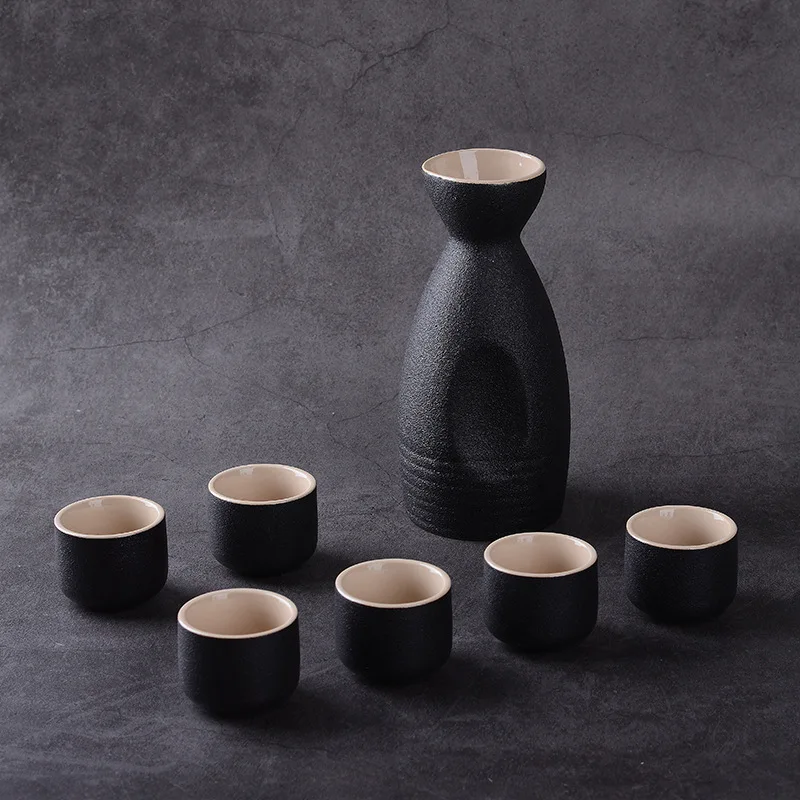 Best-selling Japanese Ceramic Sake Pot Cup Set Black Stoneware Wine Bottle Wine Bottle Cup 7 Pieces/Set