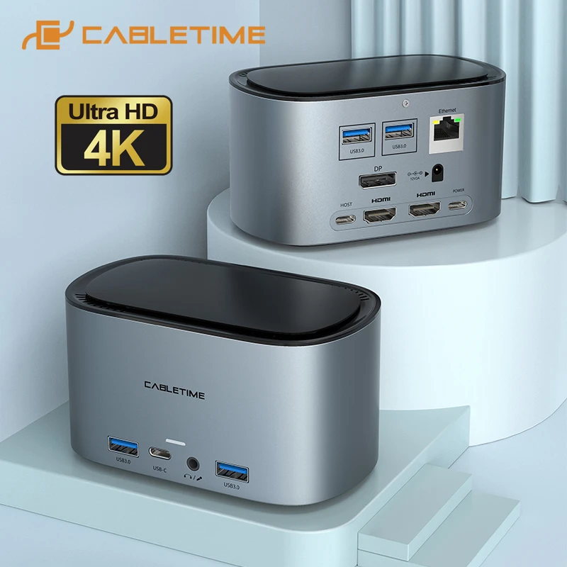 

CABLETIME USB Docking 13 in 1 Hub 4K 60Hz HDMI PD100W M.2 SSD Enclosure RJ45 LAN Adapter 1000Mbps USB3.0 Working Station C390