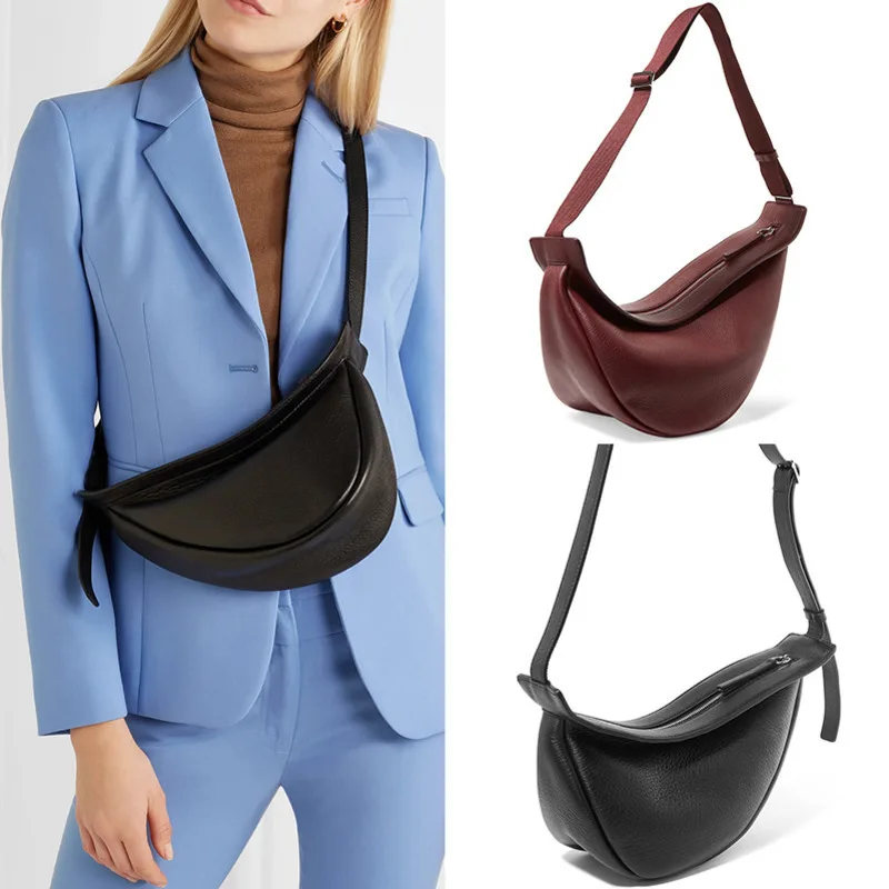 

2021 Women Spring New Wine Red Black Color Wide Single Strap Zipper Half Moon PU Leather Chest Messenger Fashion Bags For Women