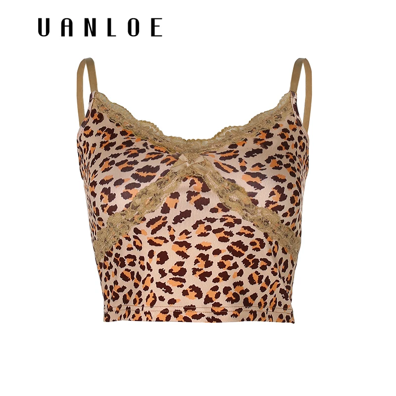 

Leopard Print Patchwork Lace Ruffles Crop Top Women Streetwear V-neck Summer Camisole Sexy 2020 Fashion Cami Tops Cotton