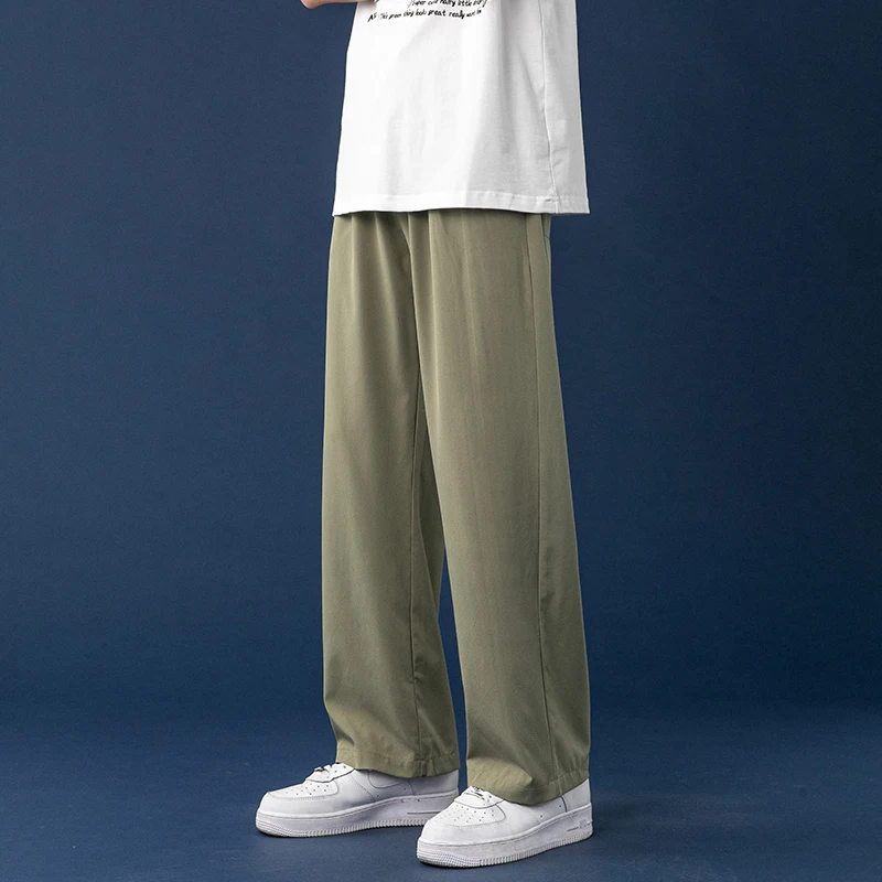 

Men Summer Cool Silk Straight Pants 2021 Thin Light Wild Leg Oversize Trousers Solid Color Male Pants Clothing Korean Streetwear