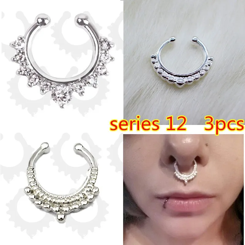 NO12as picture 3 шт. модные хрустальные поддельные носовые кольца круглой формы поддельные перегородки Пирсинг кольцо для женщин искусственный зажим кликер не Титановые Украшения для тела - Окраска металла: NO12as picture