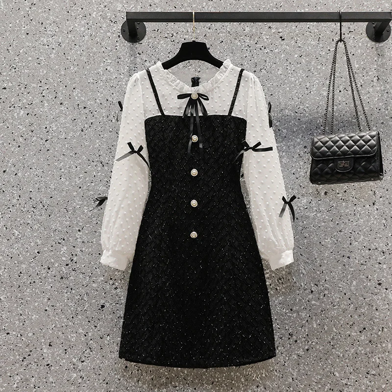 

Large Size Women Luxury Dress Autumn 2021 Sweet Chiffon Jacquard White Long Sleeve with Bow Patchwork Black Elegant Dresses