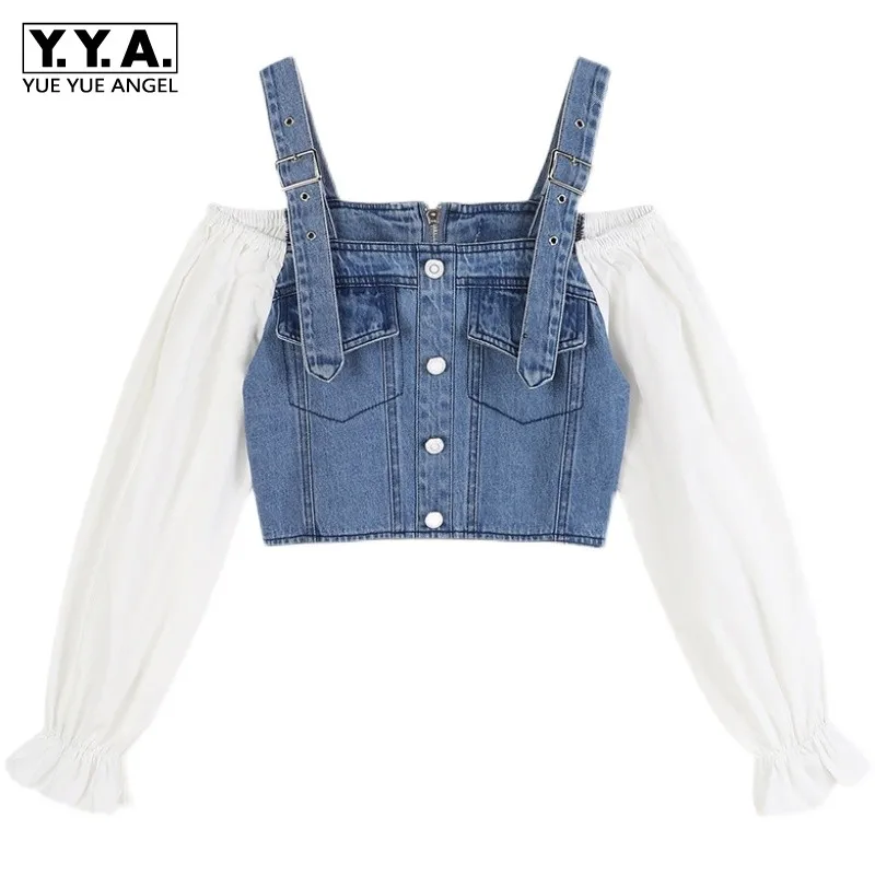 

Рубашки на бретелях для женщин дизайнерская женская обувь с открытыми плечами с буфами на рукавах; Джинсовые топы весна Новые Уличная лоску...