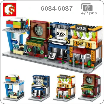 6084-6087 Sembo Mini City Street, кофейная пицца, хижина, магазин, ресторан, Китай, городской набор, 3D модель, блоки, строительные игрушки для детей, без коробки - Цвет: 6084-6087