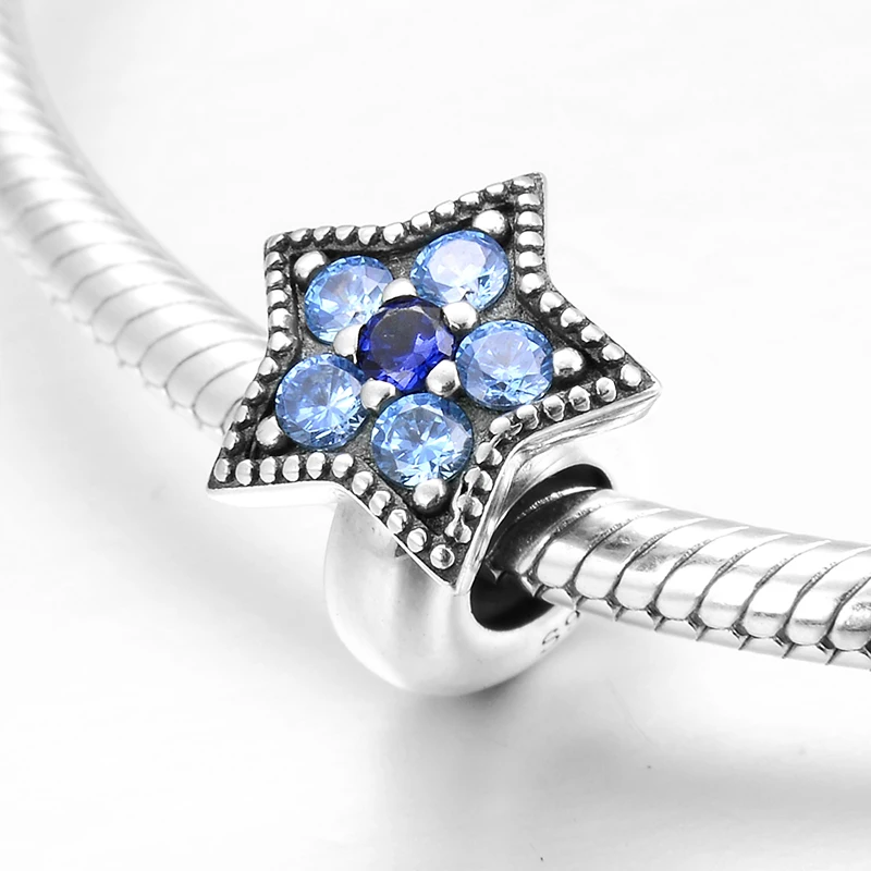 Настоящее 925 пробы серебро синий циркония звезда пробка бусины-разделители