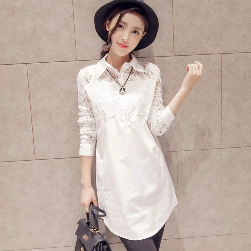 

Fashion Lace Woman Blouses Shirt Long Sleeve Turn-down Collar Female Casual Long Blouse