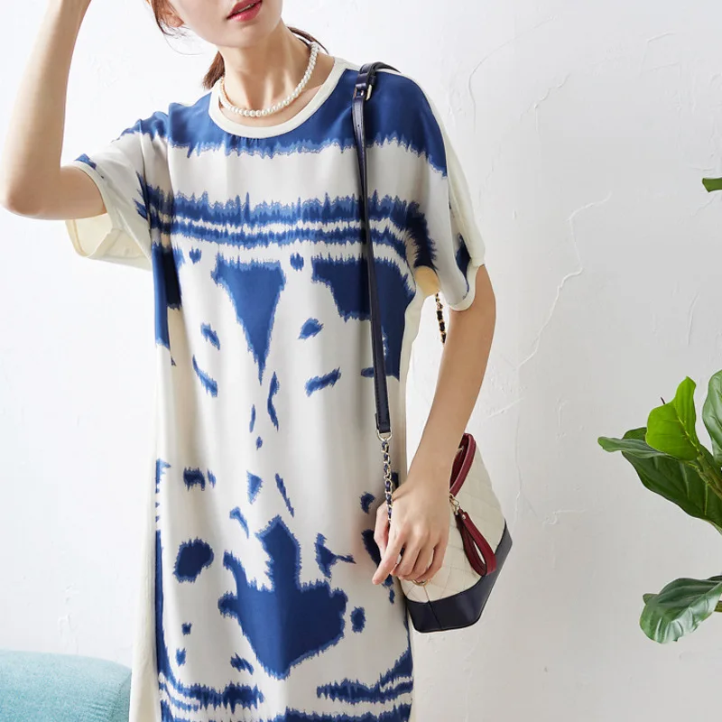 

New silk Back print and ice silk blend real dress loose bat sleeve dress