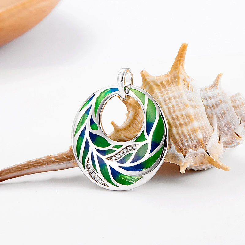 Женское Ожерелье из стерлингового серебра 925 пробы с эмалью зеленого листа