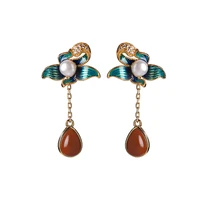 s925 sterling silver gold plated southern red agate pearl flower earrings cloisonne vintage womens drop shaped earrings