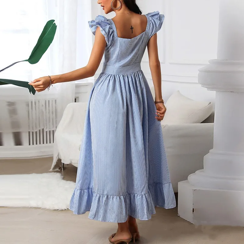 

Fashion Casual Sweet Dress for Women 2021 Triped Square Neck Flutter Sleeve Dress Women Ruffles Maxi Dress