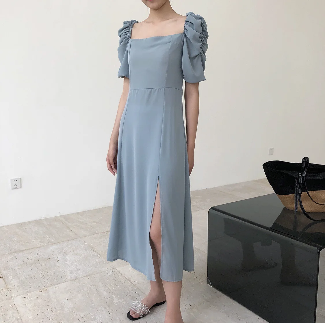 

French Style Square Collar Puffy Sleeves Classic Dress Dusty Blue High Slit One Piece Women's Clothing Vintage Elegant Dresses