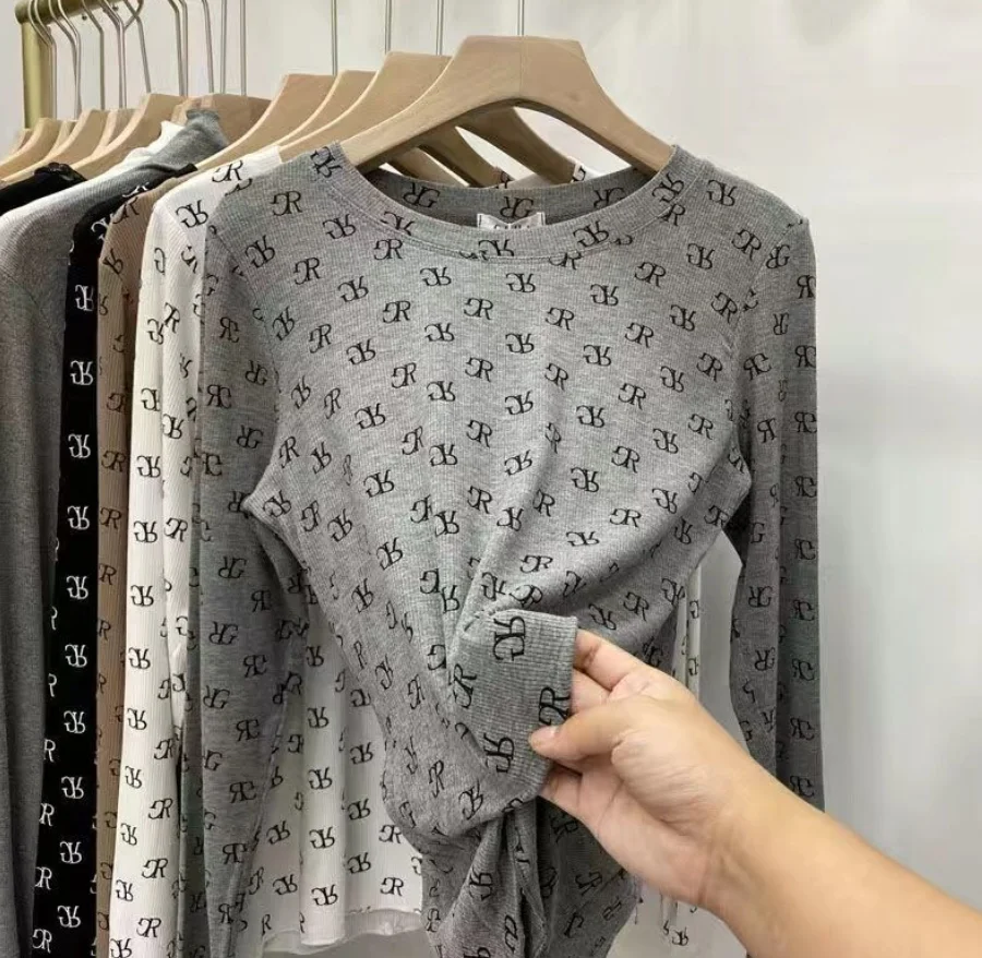 

Autumn new super fire Korean wind INS letter printing Hong Kong wind slim casual round neck long sleeve T-shirt