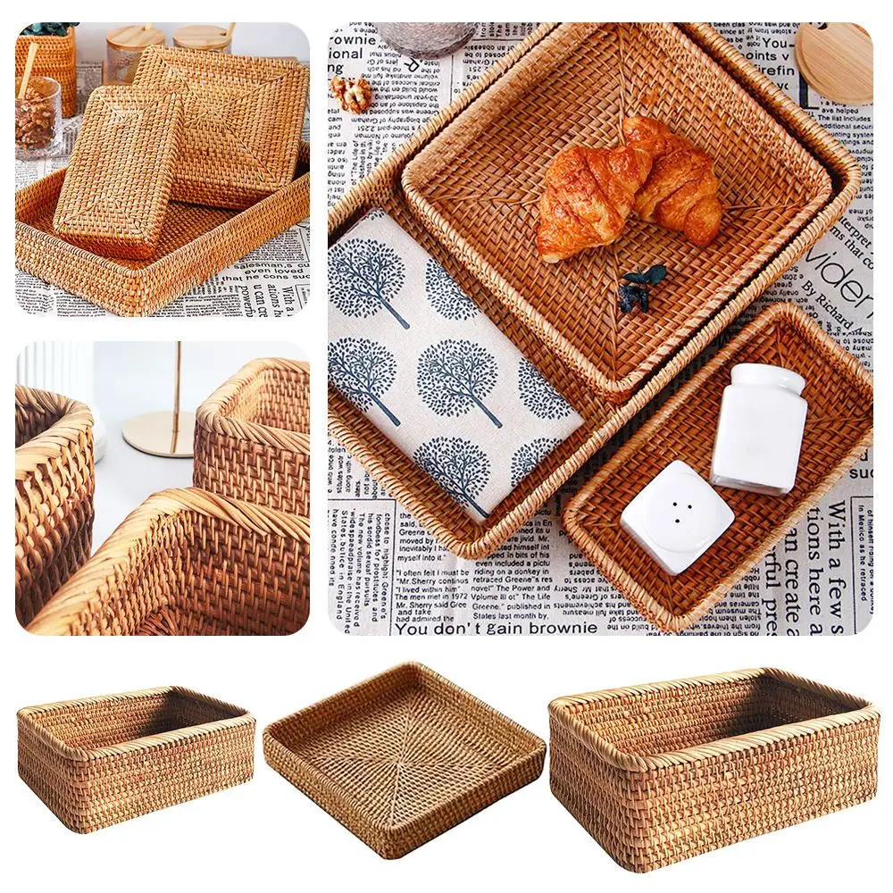 

Квадратный лоток для тростника, плетеная вручную корзина для хранения фруктов, закусок, органайзер, поднос для хранения фруктов, закусок