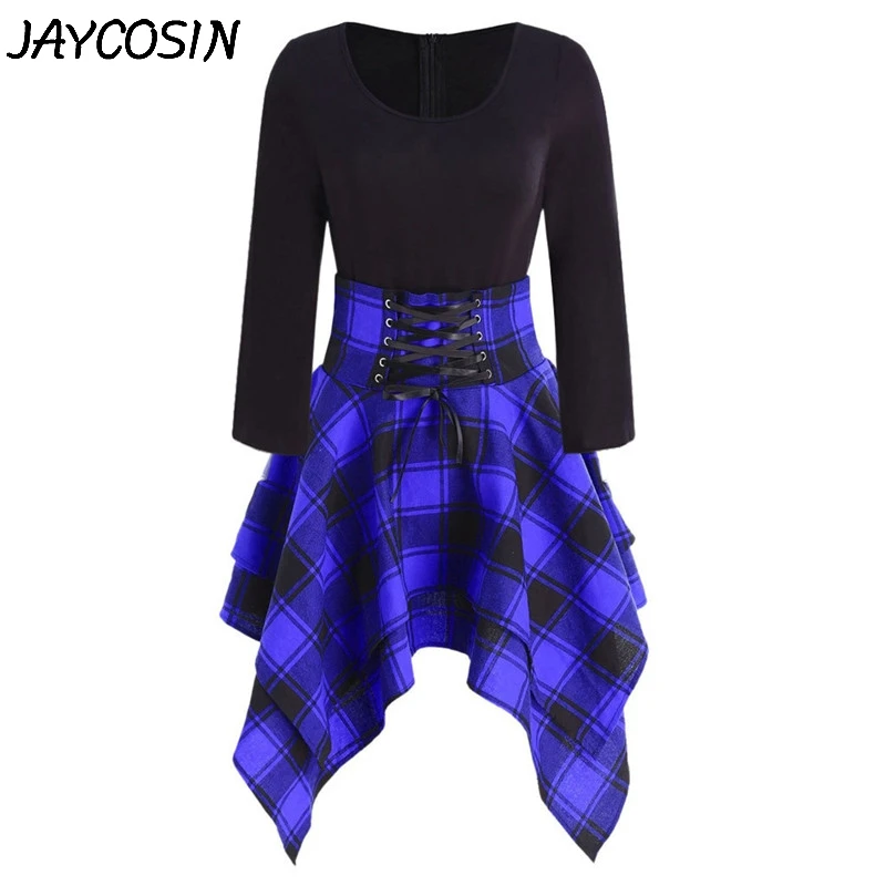 Платье JAYCOSIN женское с длинным рукавом повседневное асимметричное клетчатое