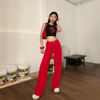 all match female spring fall new red wide legs trouser 2021 women long solid pants high waist drawstring casual trousers ladies
