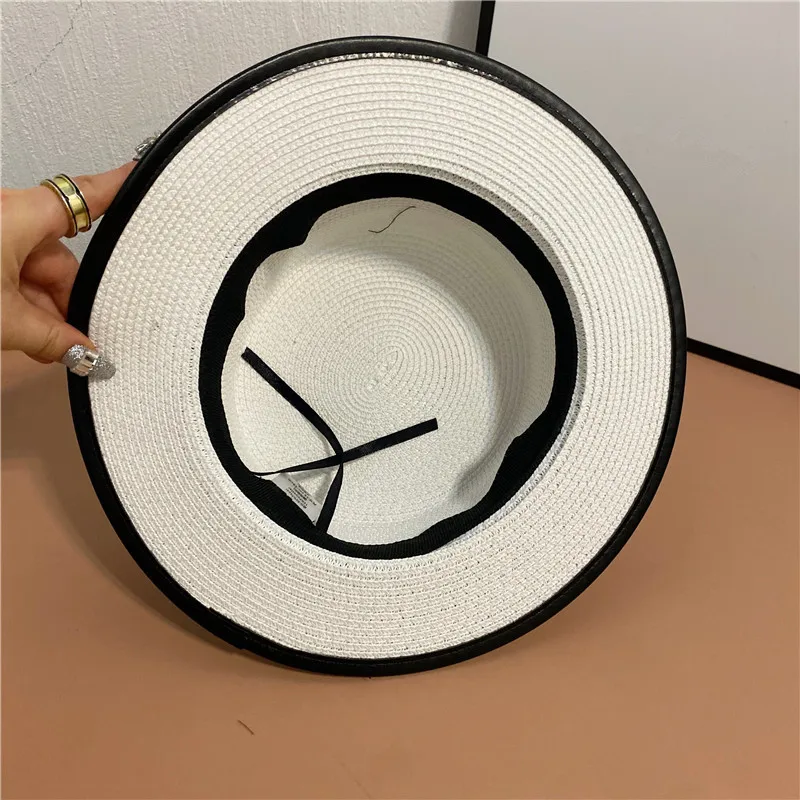 

202104-2508448 new summer paper pu brim pearl plaid ribbon lady fedoras cap women panama jazz hat