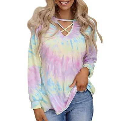 

Spring And Summer New 2021 European And American Fashion Tie Dye Printing Long Sleeve Loose Casual Top T-Shirt For Women