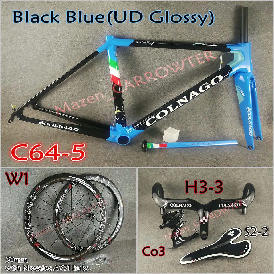 Package for sale T1100 UD полностью глянцевый черный синий Colnago C64 карбоновая рама+ руль+ седло+ клетки для бутылок+ 50 мм карбоновые колеса Novatec A271 ступицы - Цвет: Package for sale