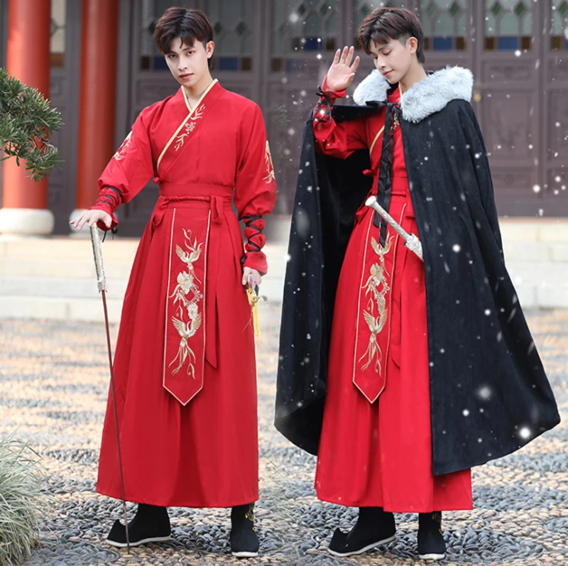 

Plus Size 5XL Ancient Chinese Hanfu Men Carnival Cosplay Costume Party Dress Black Hanfu Cloak Red Outfit For Men Large Size 5XL