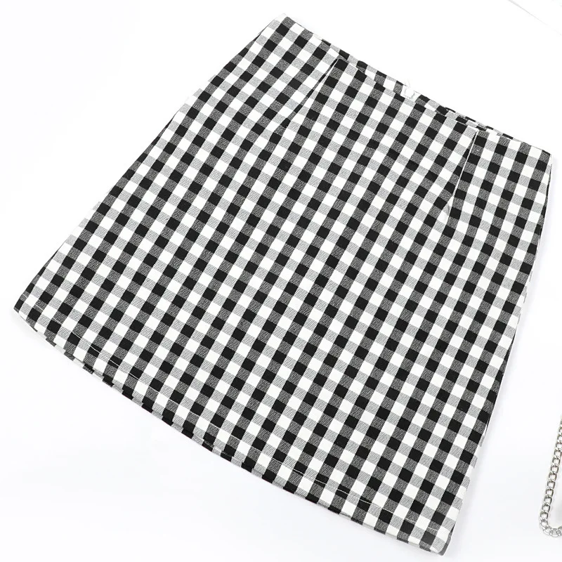 

Streetwear Tartan Black Print White Women A-line Skirt saia womens plaid Mini Skirt harajuku High Waist Split Short Skirt