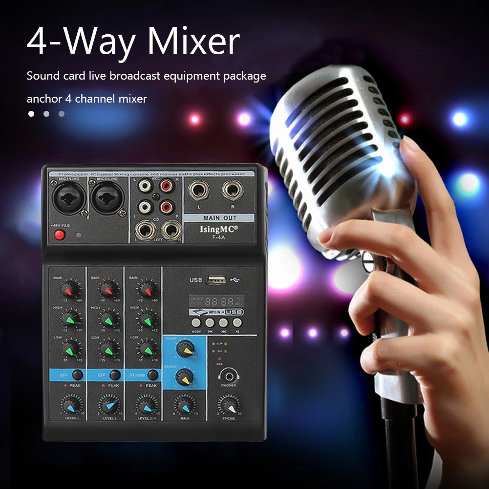 

F-4A Professional Wireless 4-channel Audio Mixer Portable Bluetooth USB Sound Mixing Console Input Phantom Power Monitor