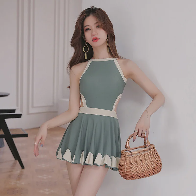 

Student swimsuit female conservative one-piece cover belly show thin skirt-style steel support gathered hot spring swimwear