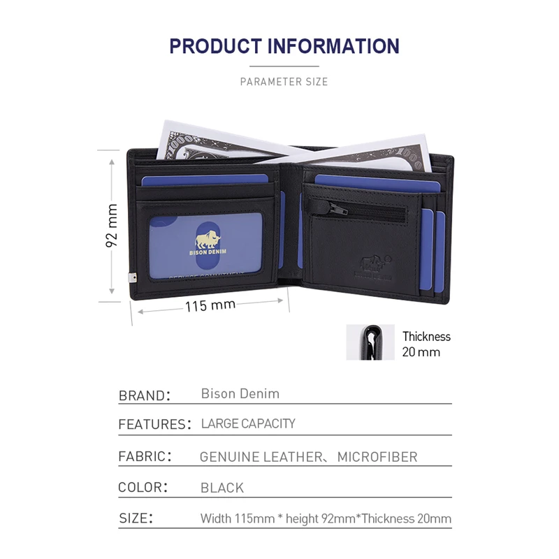 Мужской короткий кошелек BISON DENIM из воловьей кожи с карманом для монет