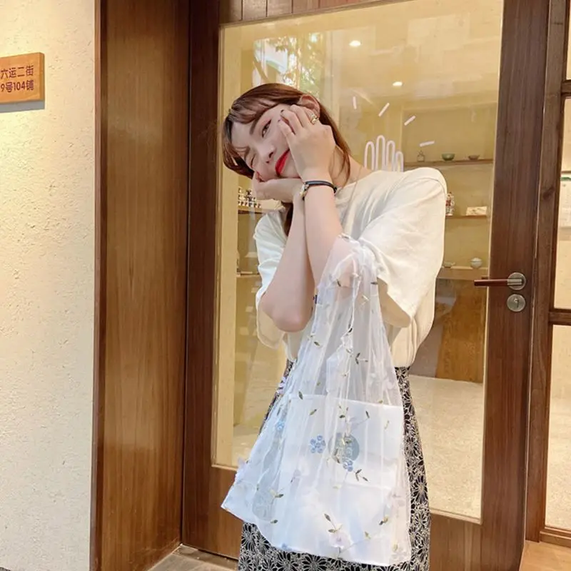 Женская многофункциональная сетчатая тканевая сумка вместительная с цветочной