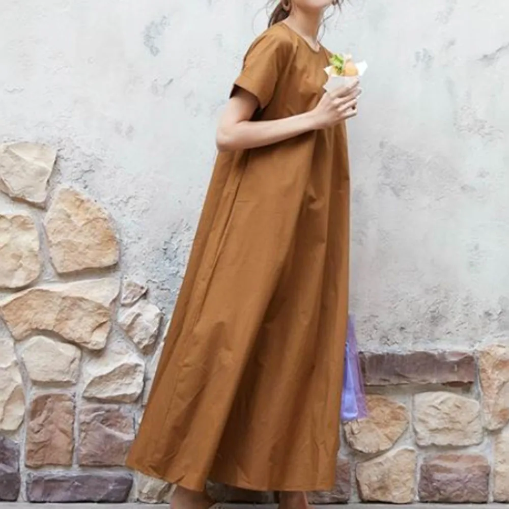 

2021 Summer New Solid Color Round Neck Japanese Style Fashion Women's Dress Loose Casual Simplicity Summer